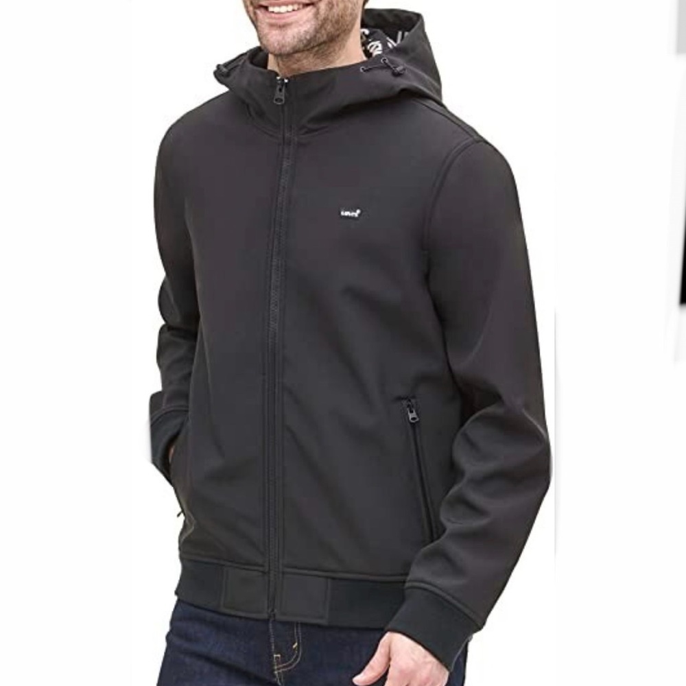 LEVI'S Men's Black Soft Shell Signature Zip Varsity Bomber Hooded Jacket (XL)